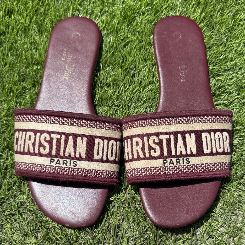 Christian Dior Maroon 'Christian Dior Paris' Slide Sandals Size 38
